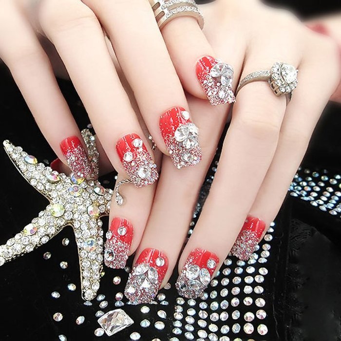 Spritech(TM) Fashion Women's 24 Pre Bling Paillette Diamond Design Fake Nail Piece Red N2