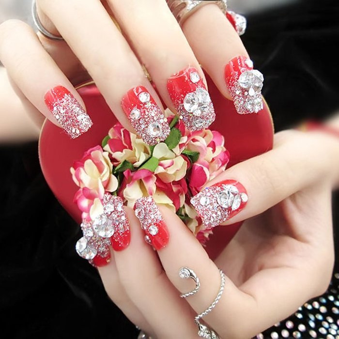 Spritech(TM) Fashion Women's 24 Pre Bling Paillette Diamond Design Fake Nail Piece Red N3