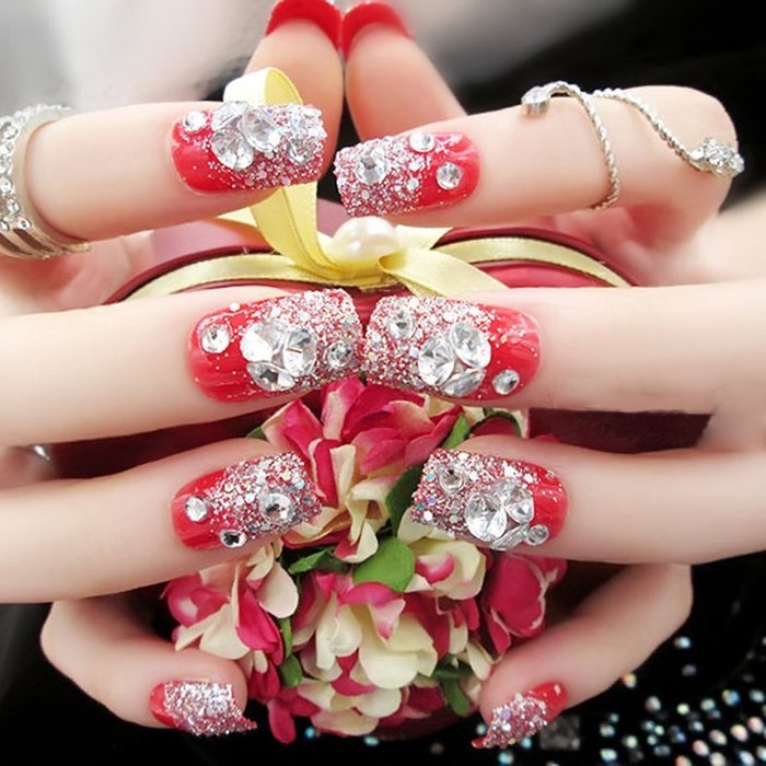 Spritech(TM) Fashion Women's 24 Pre Bling Paillette Diamond Design Fake Nail Piece Red N4