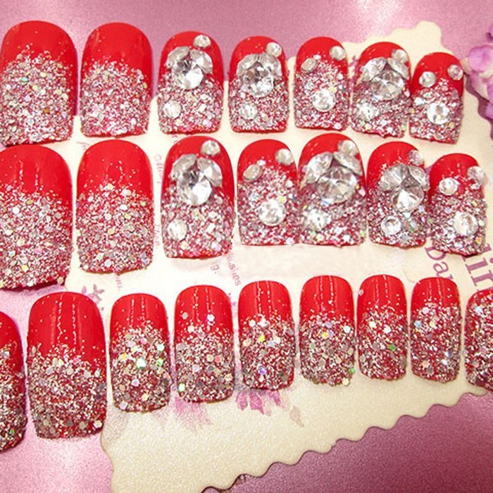 Spritech(TM) Fashion Women's 24 Pre Bling Paillette Diamond Design Fake Nail Piece Red N5