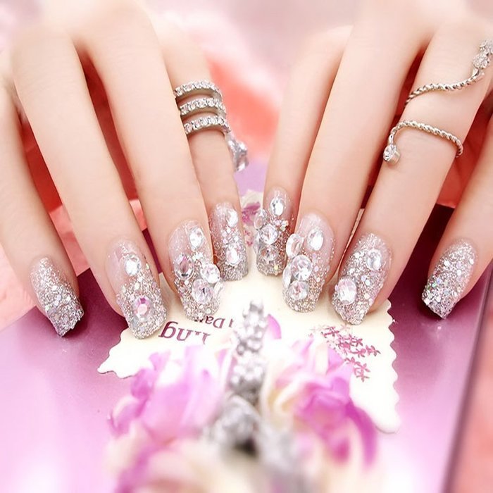 Spritech(TM) Fashion Women's 24 Pre Bling Paillette Diamond Design Fake Nail Piece Red N8
