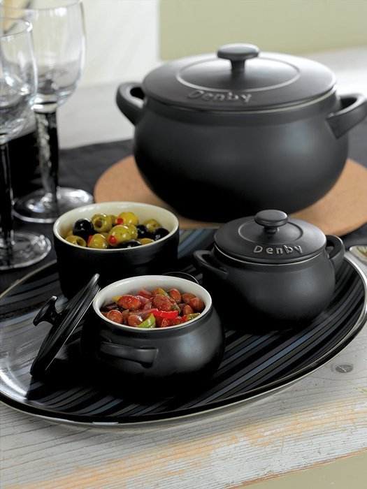 Denby Oven to Table Curved Bean Pot with Cover, 3.3-Liter, Black N2