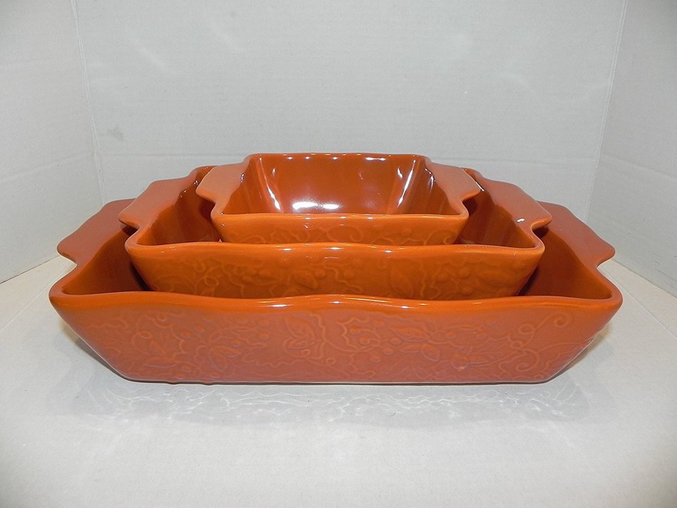 Laurie Gates Abigail Set of 3 Stoneware Bakers - Rust Orange / Persimmon N2
