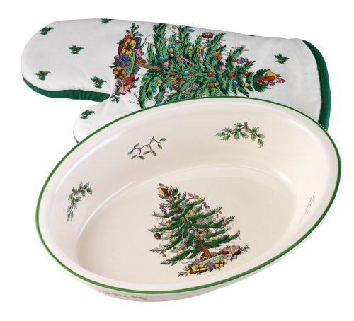 Spode Christmas Tree Deep Oval Baker with Matching Oven Mitt