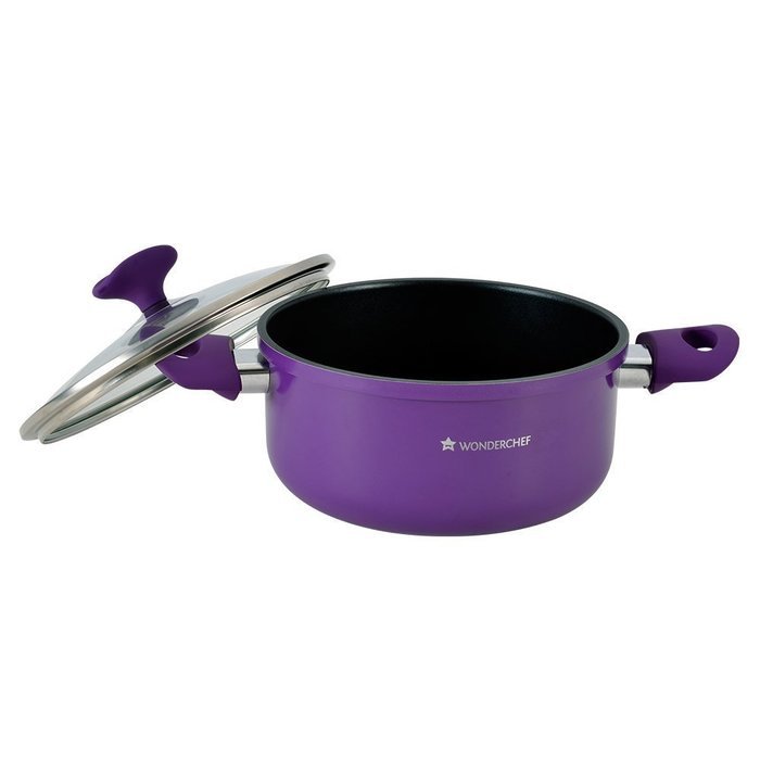 Wonderchef Induction Base Non-Stick Aluminum Elite Casserole with Lid, 20cm, 2-Pieces, Purple and Black