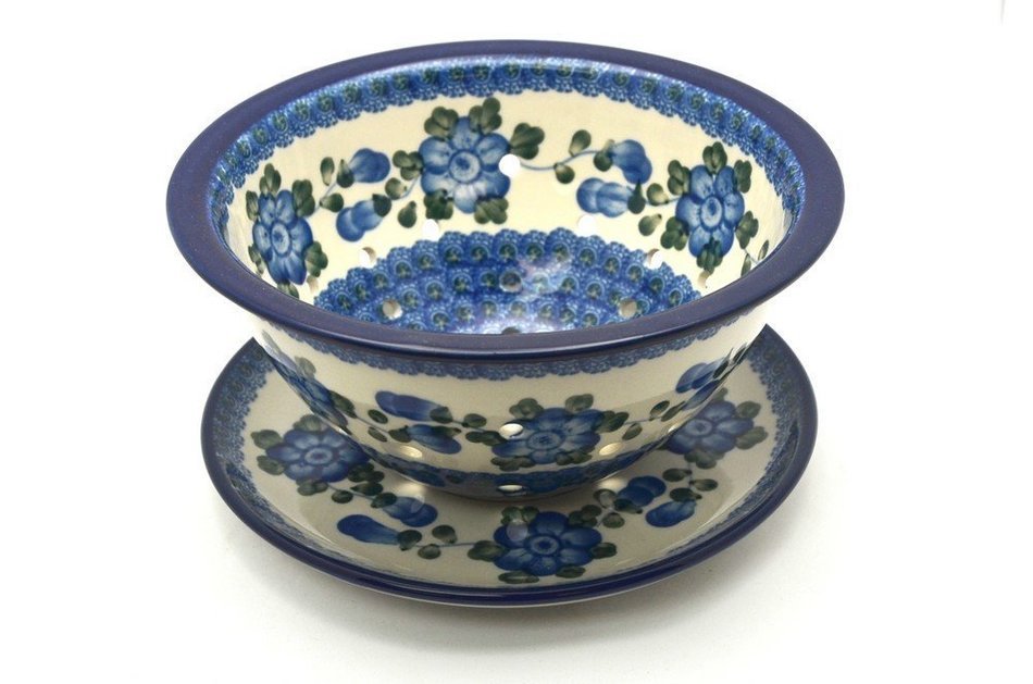 Polish Pottery Berry Bowl with Saucer - Blue Poppy