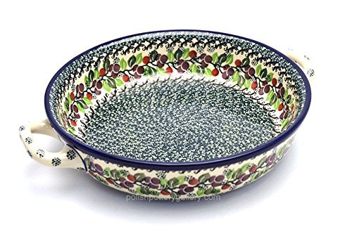 Polish Pottery Baker - Round with Handles - Large - Burgundy Berry Green