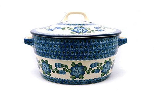 Polish Pottery Baker - Round Covered Casserole - Blue Poppy