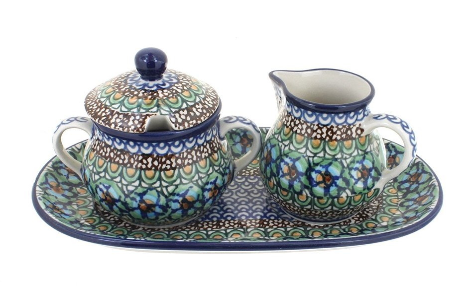 Polish Pottery Mardi Gras Small Cream & Sugar Set with Tray