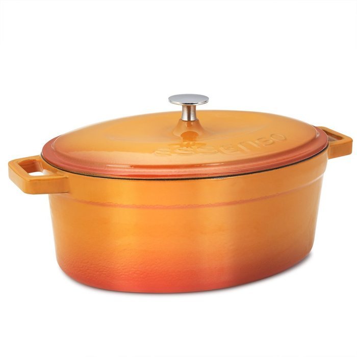 Essenso Chambery Cast Iron Oval Dutch Oven with Four-Layer Enamel Interior and Exterior, Orange, 4.3 Quart