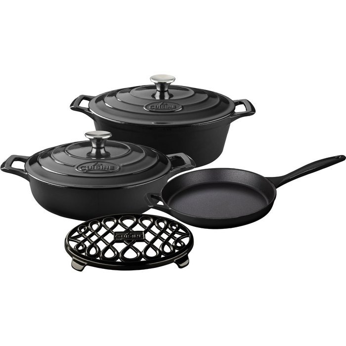 La Cuisine LC 2940 6 Piece Enameled Cast Iron Oval Casserole/Trivet Cookware Set, Slate Black