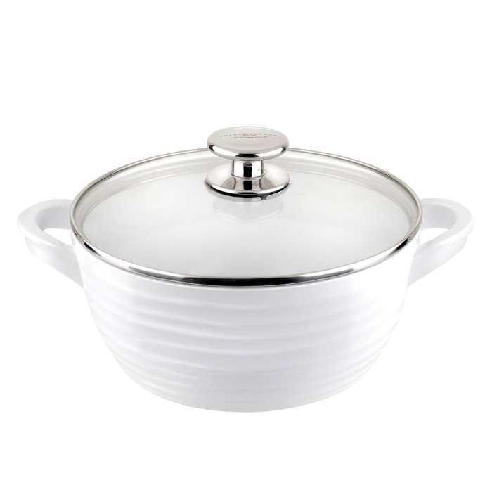 Portmeirion Sophie Conran Cast Aluminum Ceramic Coated Cookware White Medium Casserole with Glass Lid, 8.0 Inch