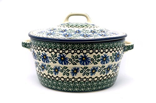 Polish Pottery Baker - Round Covered Casserole - Blue Chicory