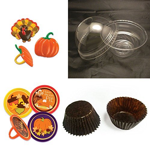 [ 48 ct Cupcake Pakaging Set ]: Clear Cupcake Containers, Brown Baking Cups & Cupcake Topper Rings - Thanksgiving...