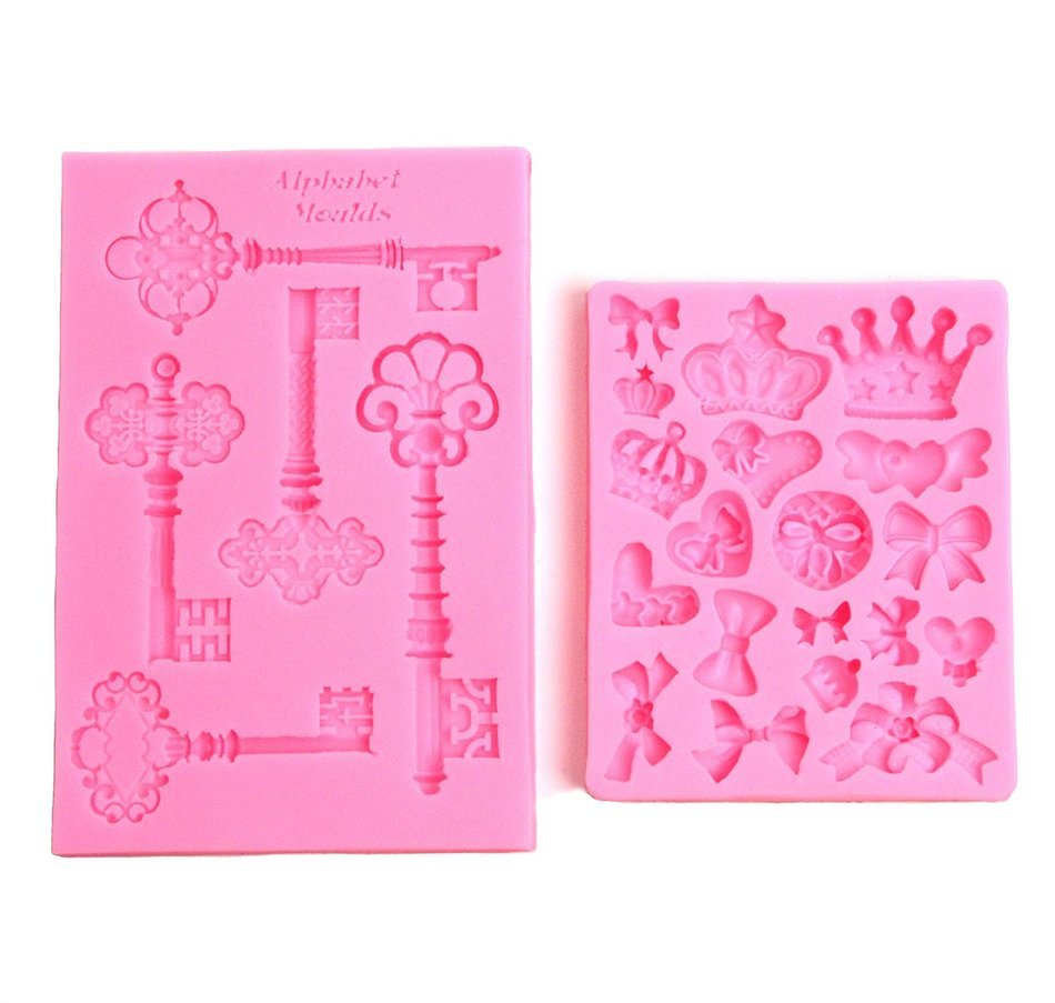 Mandydov 5 Cavity Antique Keys Mold + Crown Heart Bows Mixed Silicone Decor DIY Craft Mold for Cake Cupcake Fondant...