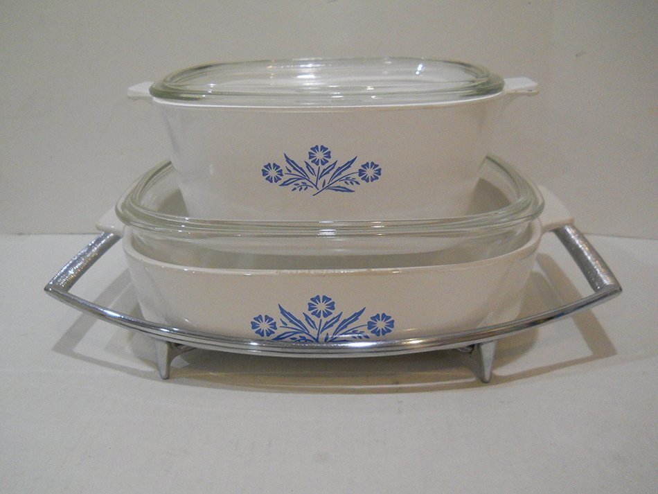 Corning Ware Cornflower Blue Vintage Casserole Dishes A-10-B & P-2 1/2-B with Rack/Trivet