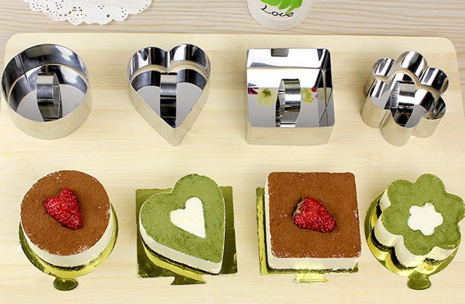 Stainless Cake Mold DIY Round Heart Flower Cake Mold Maker for Baking Set of 4 Mousse Dressert Forming Ring Non...