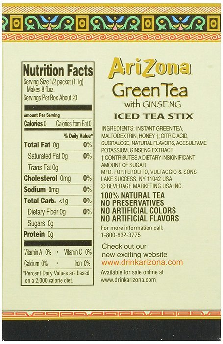 AriZona Green Tea with Ginseng Sugar Free Iced Tea Stix, 10 Count, (Pack of 6) N3