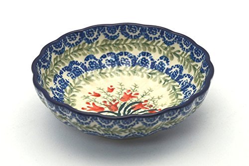 Polish Pottery Bowl - Shallow Scalloped - Small - Crimson Bells