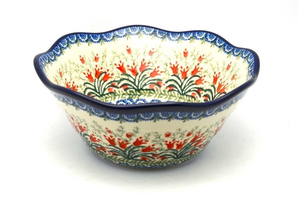 Polish Pottery Bowl - Curvy Edge - 8" - Crimson Bells