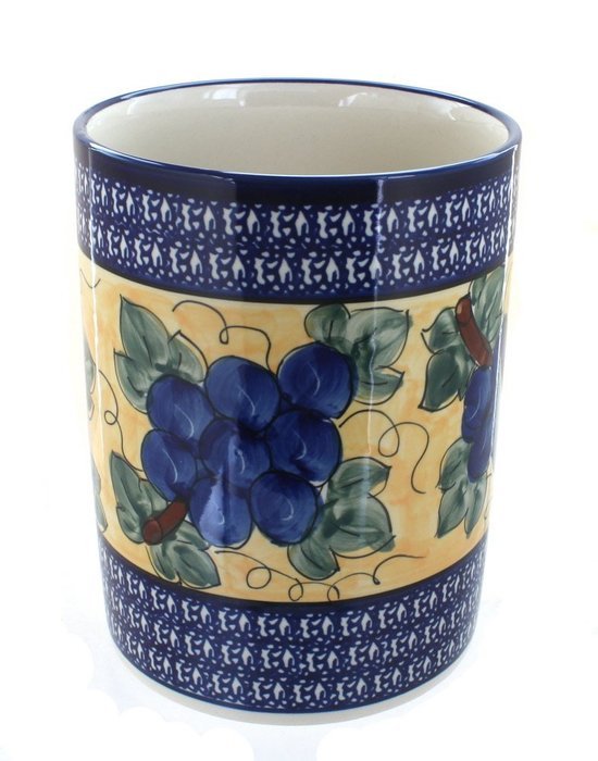 Polish Pottery Grapes Utensil Jar with Cobalt Trim