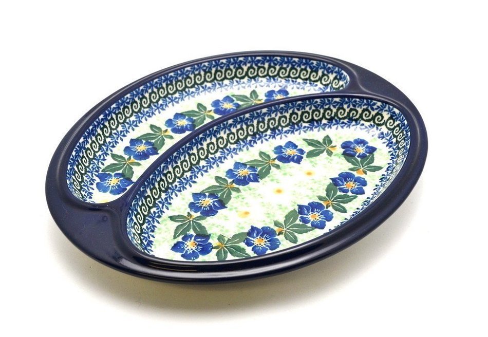 Polish Pottery Dish - Divided Polish Sausage - Blue Pansy