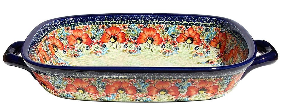 Polish Pottery Baking Dish with Handles From Zaklady Ceramiczne Boleslawiec #1345-296 Art Signature Unikat Pattern...