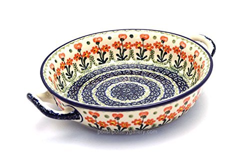 Polish Pottery Baker - Round with Handles - Medium - Peach Spring Daisy