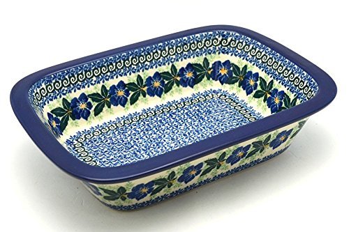 Polish Pottery Baker - Rectangular with Grip Lip - Blue Pansy