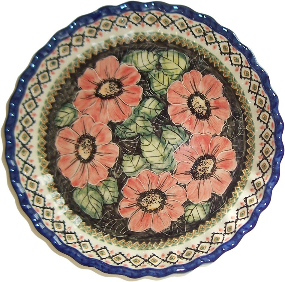 Boleslawiec Stoneware - Polish Pottery Pie Plate or Quiche Baker - Eva's Collection "Red Garden" N2