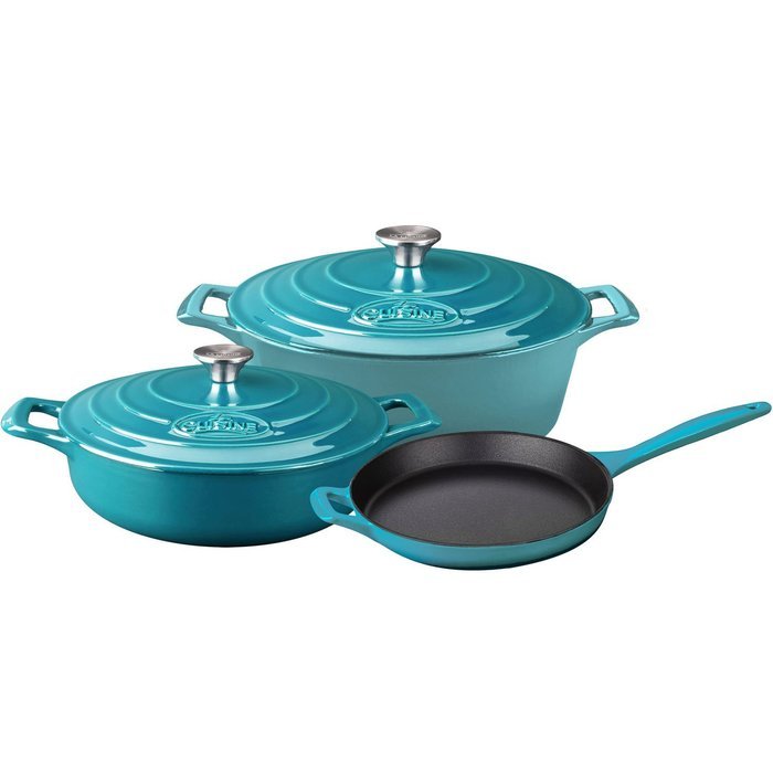 La Cuisine LC 2775 5 Piece Enameled Cast Iron Oval Casserole Cookware Set, High Gloss Teal