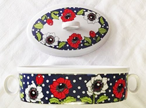Vintage 1960's Georges Briard Oval Covered Casserole Dish - Polka Poppy (2-3/4" Tall X 9-3/8" Wide) N3