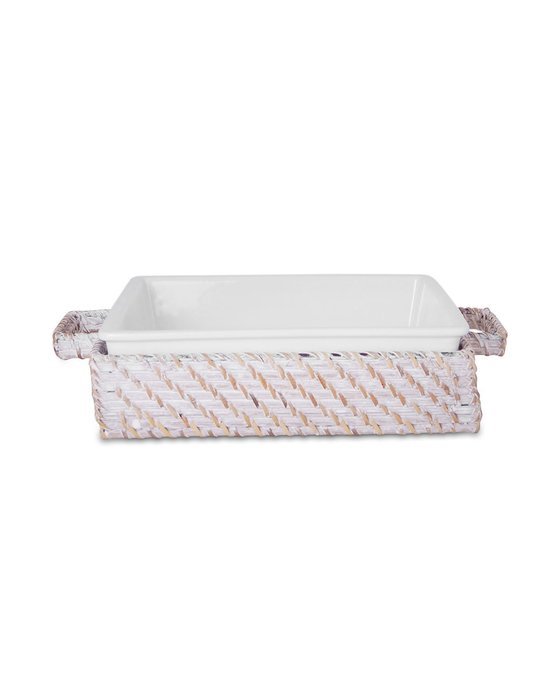 Sanibel 9 Square Casserole Dish White Wash And White w/ Rattan Carrier Cozy