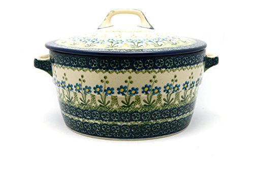 Polish Pottery Baker - Round Covered Casserole - Blue Spring Daisy