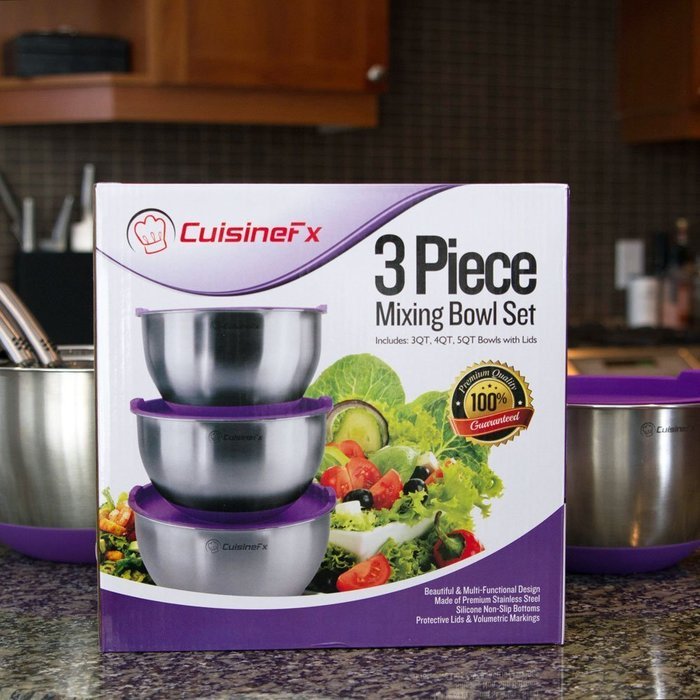 3 Piece Mixing Bowl Set by CuisineFx, Professional Kitchen Grade Bowls Made of Stainless Steel with Silicone Non-Slip... N5