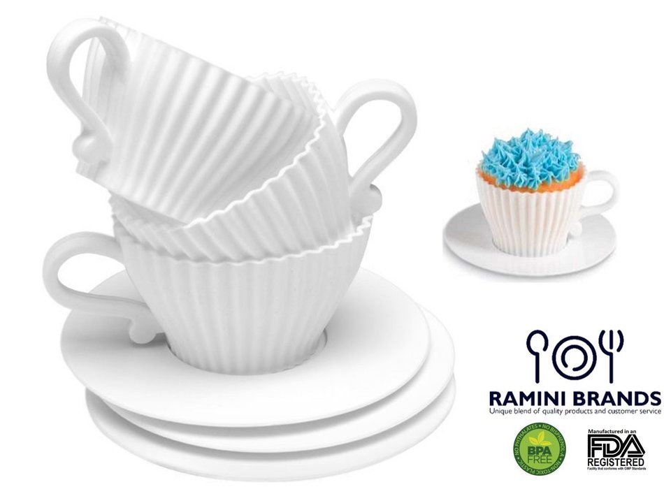 Ramini Brands Best White Teacup - Bonus Recipes - Cupcake Muffin Silicone Liner Mold Bake And Serve Quiche Cups... N8