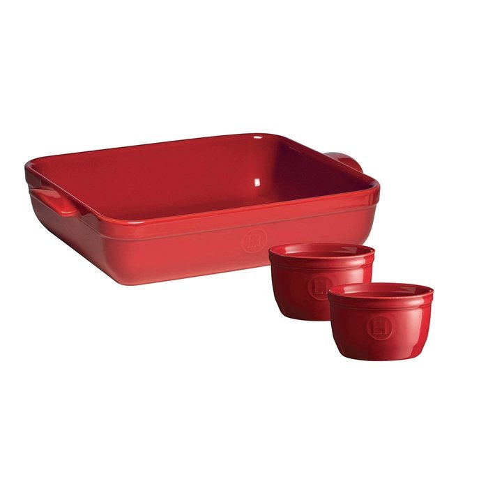 Emile Henry Lasagna/Roasting Dish 13.75" x 10" W/ 2 Bonus Ramekins, Burgundy Red