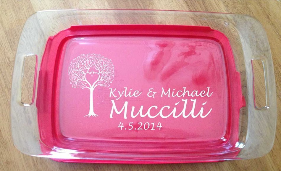 Personalized Pyrex Dish 9x13 Tree with Heart Name Gift Wedding Anniversary W/lid