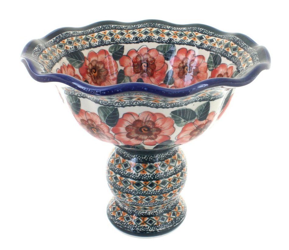 Polish Pottery Peach Floral Pedestal Fruit Bowl