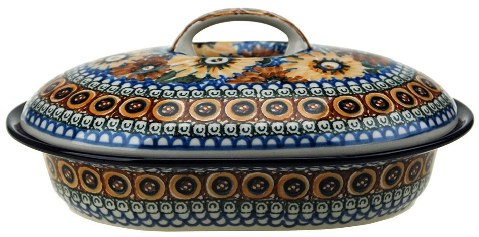 Ceramika Artystyczna Polish Hand Painted Oval Covered Baking Dish 10" x 7.25" x 4.25" (Brown and Yellow Flowers)