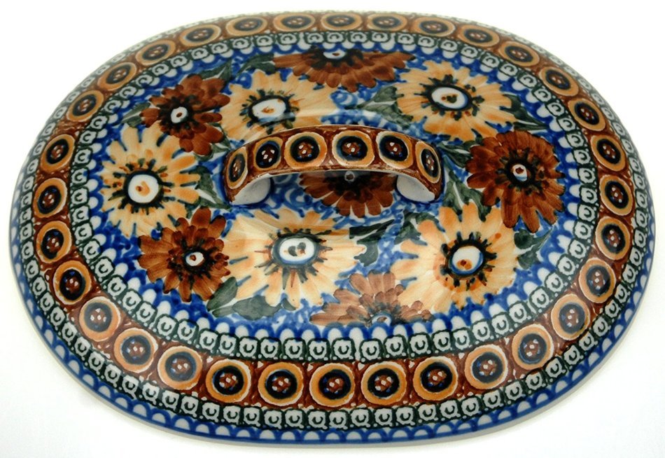 Ceramika Artystyczna Polish Hand Painted Oval Covered Baking Dish 10" x 7.25" x 4.25" (Brown and Yellow Flowers) N3