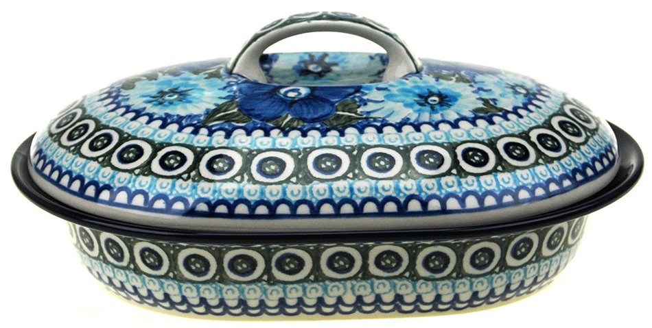 Ceramika Artystyczna Polish Hand Painted Oval Covered Baking Dish 10" x 7.25" x 4.25" (Brown and Yellow Flowers) N4