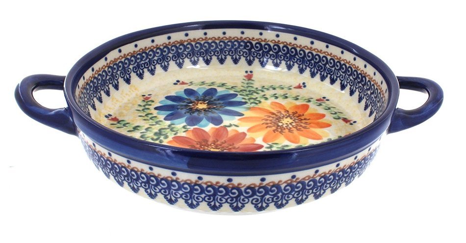 Polish Pottery Autumn Burst Small Round Baker with Handles