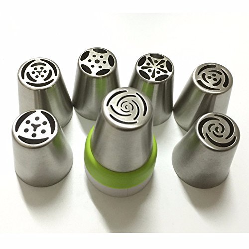 7PCS Stainless Steel Russian Tulip Icing Piping Nozzle + 1 Adaptor Converter Pastry Decorating Tips Cake Cupcake... N2