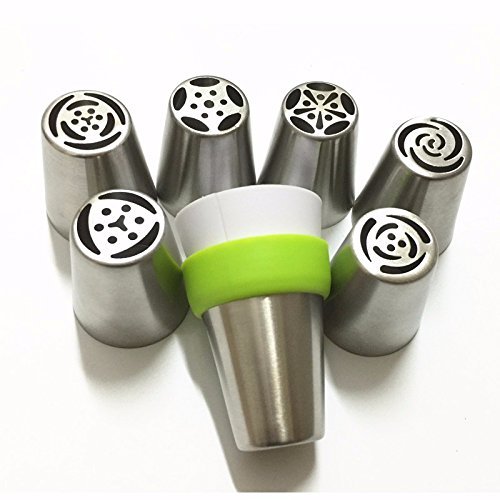 7PCS Stainless Steel Russian Tulip Icing Piping Nozzle + 1 Adaptor Converter Pastry Decorating Tips Cake Cupcake... N3