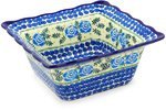 Polish Pottery Square Bowl 9-inch Lady Blue Roses UNIKAT N4