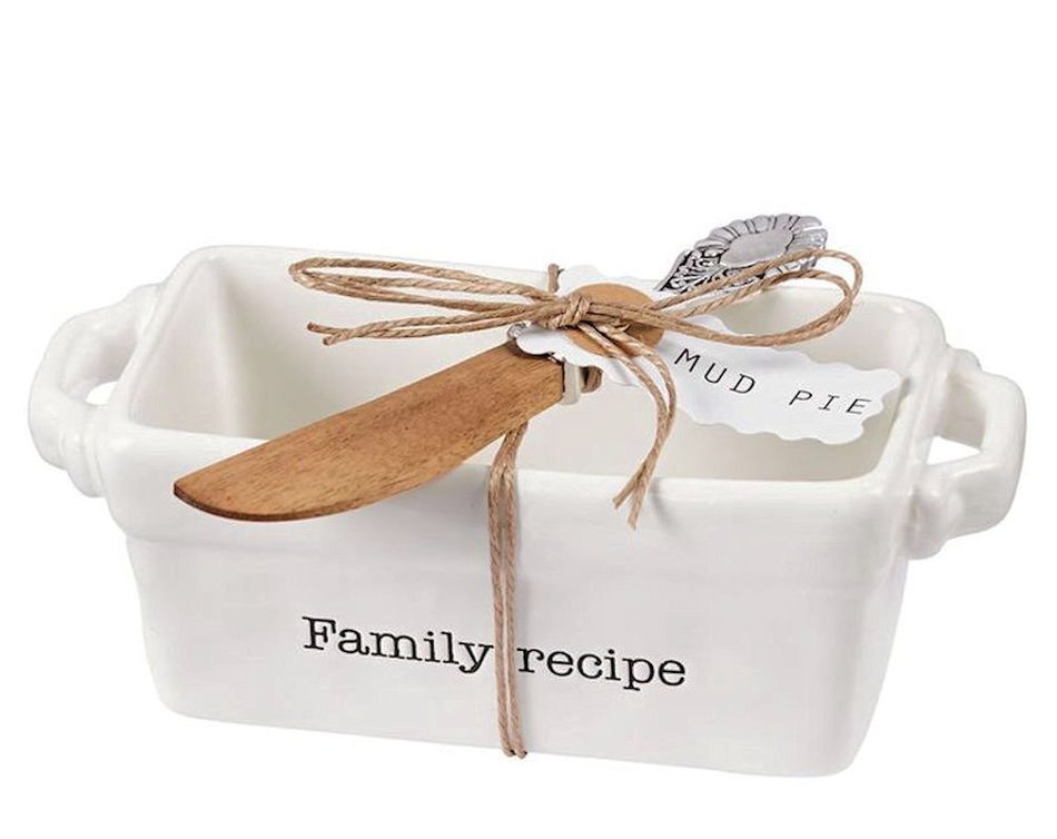 Mud Pie 4801009F "Family Recipe" Mini Loaf Server with Spreader, White