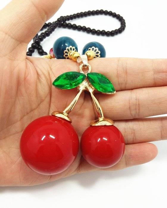 QTMY Cherry bead Choker Necklace long Chain Bohemian Jewelry with Pendant for teen girls N6