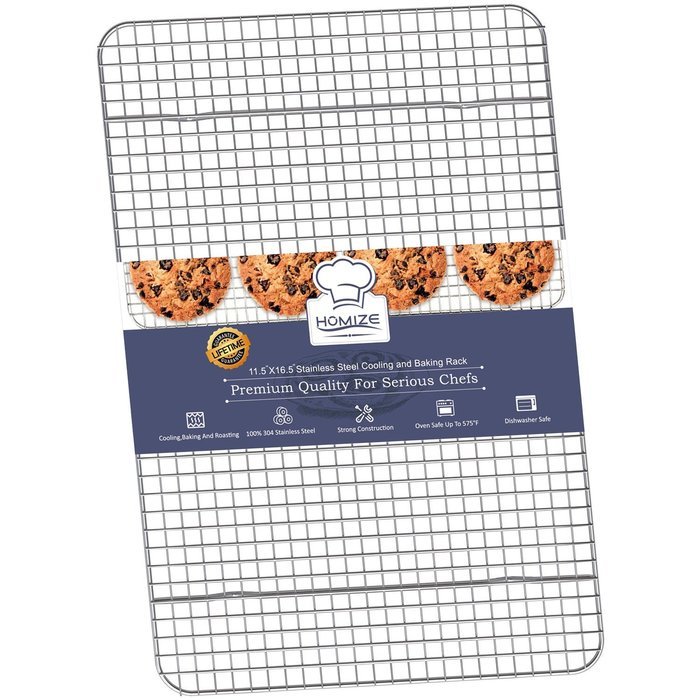HOMIZE 100% Stainless Steel Wire Cooling Rack for Baking: Oven Safe fits Half Sheet Cookie Pan (16.5''x11.5'')