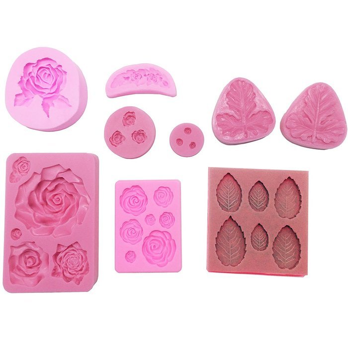 Funshowcase Assorted Rose and Leaf Fondant Cake Candy Silicone Mold 9-Pieces Set